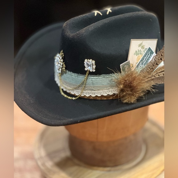 Handmade/Decorated 100% Wool Western Festival Burned Black Hat with Feathers - Picture 6 of 11